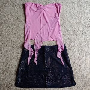 Mini skirt / Pink strapless blouse/Coach bag- Navy